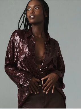 Pilcro/Anthropologie Sequin Button-Up Shirt in Deep Wine
